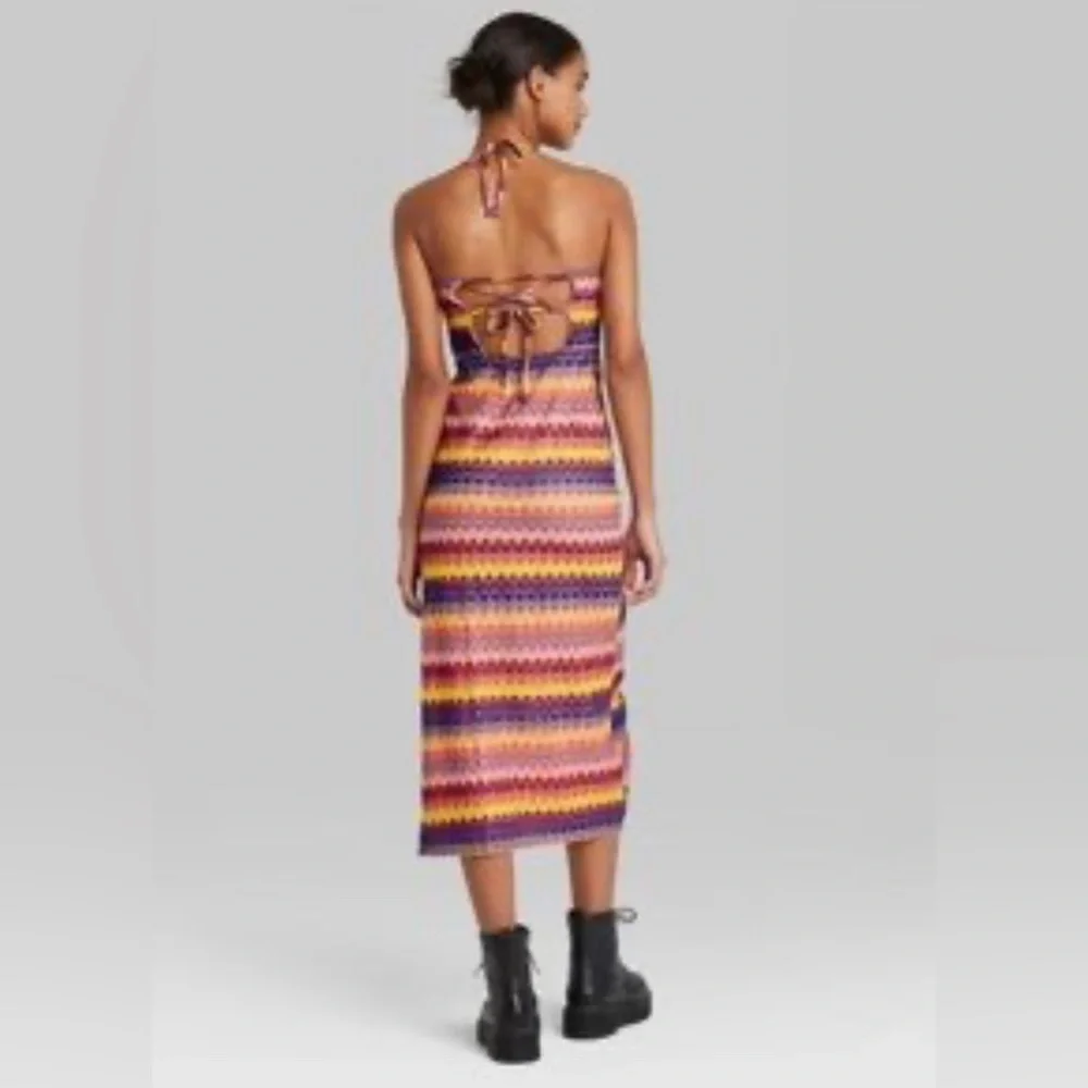 Wild fable Multicolored Crocheted fully lined halter slip midi dress corset back - Picture 2 of 9